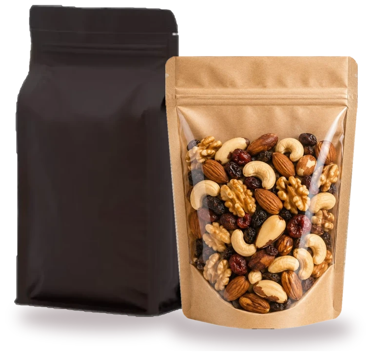 Box pouch preto e stand up pouch kraft com visor do catálogo AsterPlas Box pouch preto e stand up pouch kraft com visor do catálogo AsterPlas