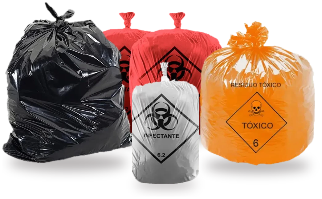Sacos de lixo preto, infectante branco e vermelho e tóxico laranja