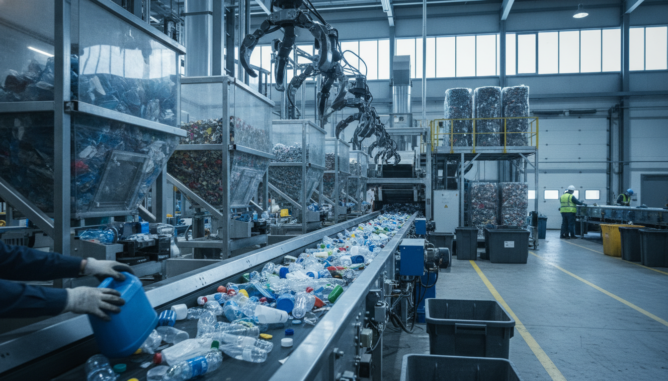 Economia Circular e o Futuro das Embalagens Plásticas Flexíveis 4 economia circular embalagens — A modern recycling facility with machines sorting plastic materials, bright lighting, high-resolution photography style