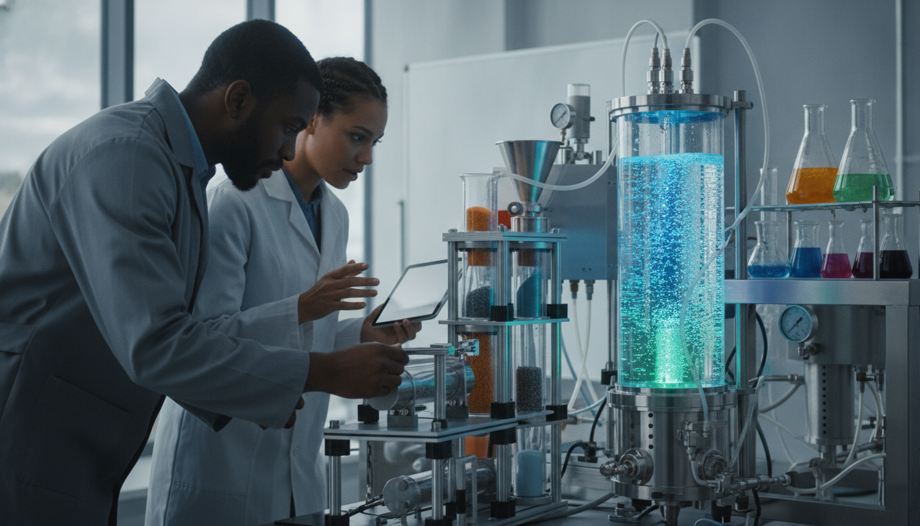 Economia Circular e o Futuro das Embalagens Plásticas Flexíveis 6 Engineers working on advanced recycling machines, laboratory setting, high-tech equipment