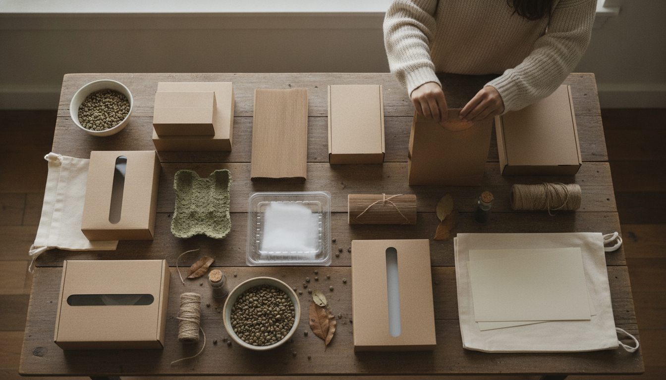 Embalagens Sustentáveis: Conectando Emoções e Sustentabilidade 3 embalagens sustentáveis — Sustainable packaging options displayed on a wooden table, with natural lighting and a focus on eco-friendly materials