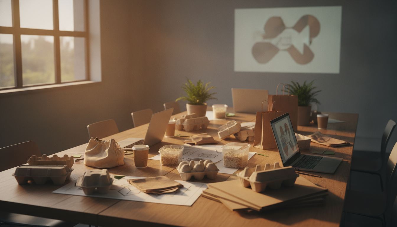 Embalagens Sustentáveis: Conectando Emoções e Sustentabilidade 4 A diverse group of people discussing sustainable packaging in a bright, collaborative workspace, emphasizing teamwork and innovation