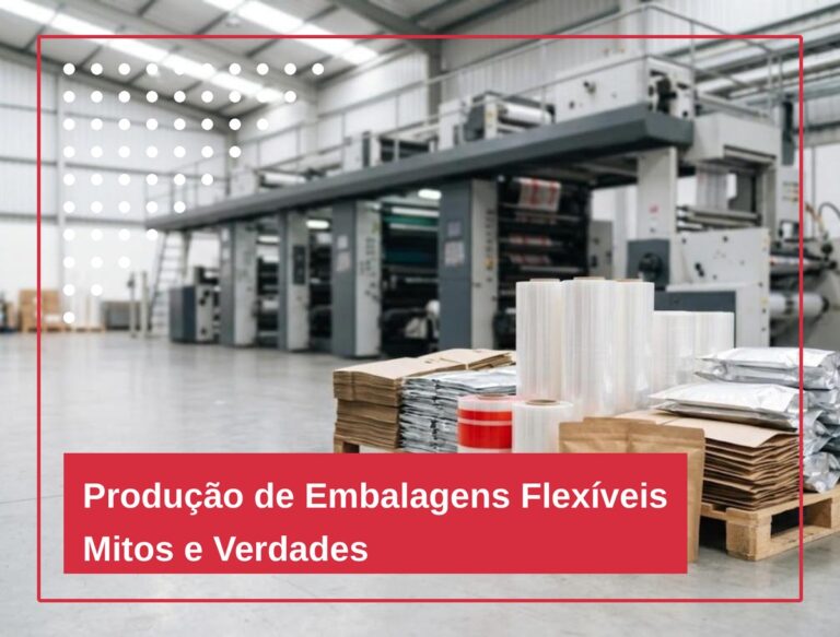 Fábrica de embalagens com máquina de impressão flexográfica, bobinas de filme e sacos pouch sobre um pallet