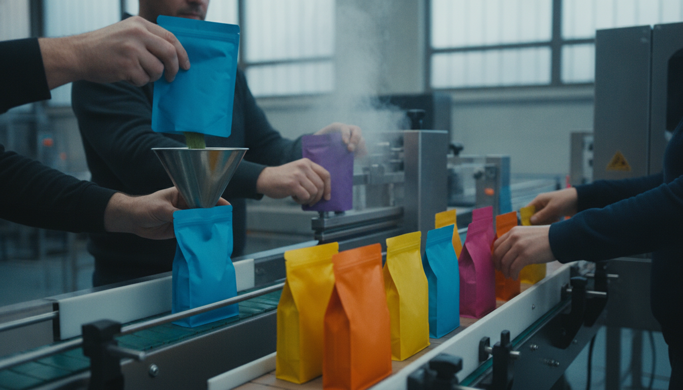 Escolha Stand Up Pouch Ideal para Seu Produto 2 escolha stand up pouch — A modern packaging warehouse with colorful stand up pouches being filled and sealed, bright lighting, professional photography style
