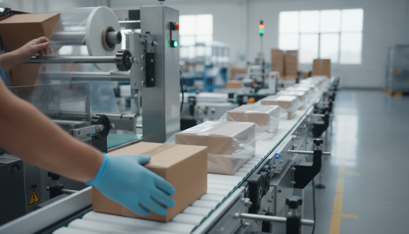 Eficiência Operacional Embalagens: Aumente o Desempenho 3 eficiência operacional embalagens — A modern manufacturing facility with various packaging equipment in operation, showing efficiency and productivity, bright lighting, professional style