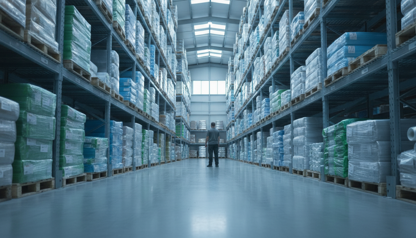 Eficiência Operacional Embalagens: Aumente o Desempenho 4 A modern warehouse with rows of neatly stacked flexible plastic packaging, showing efficient storage and organization, bright lighting, professional photography style