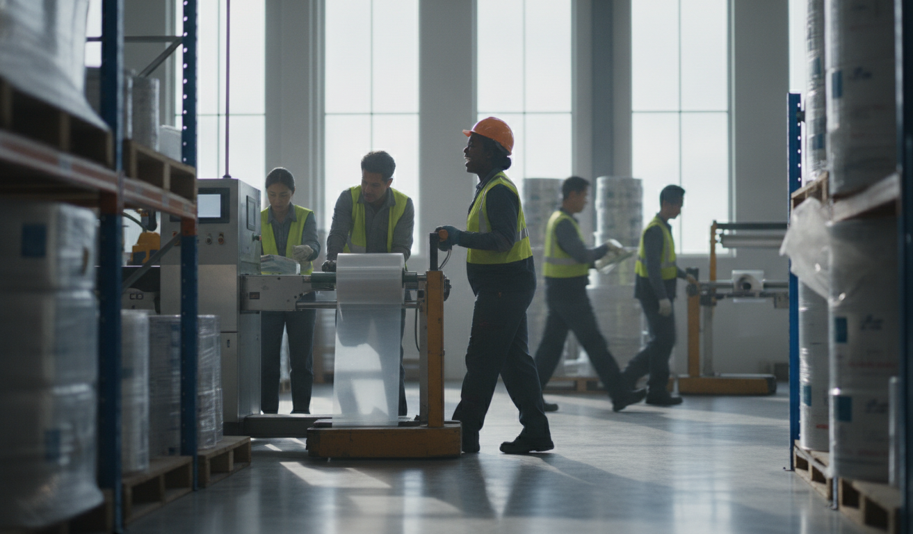 Como Prevenir Dano Transporte de Embalagens Plásticas Flexíveis 4 prevenir dano transporte — A warehouse with workers handling flexible plastic packaging, bright lighting, modern equipment in use