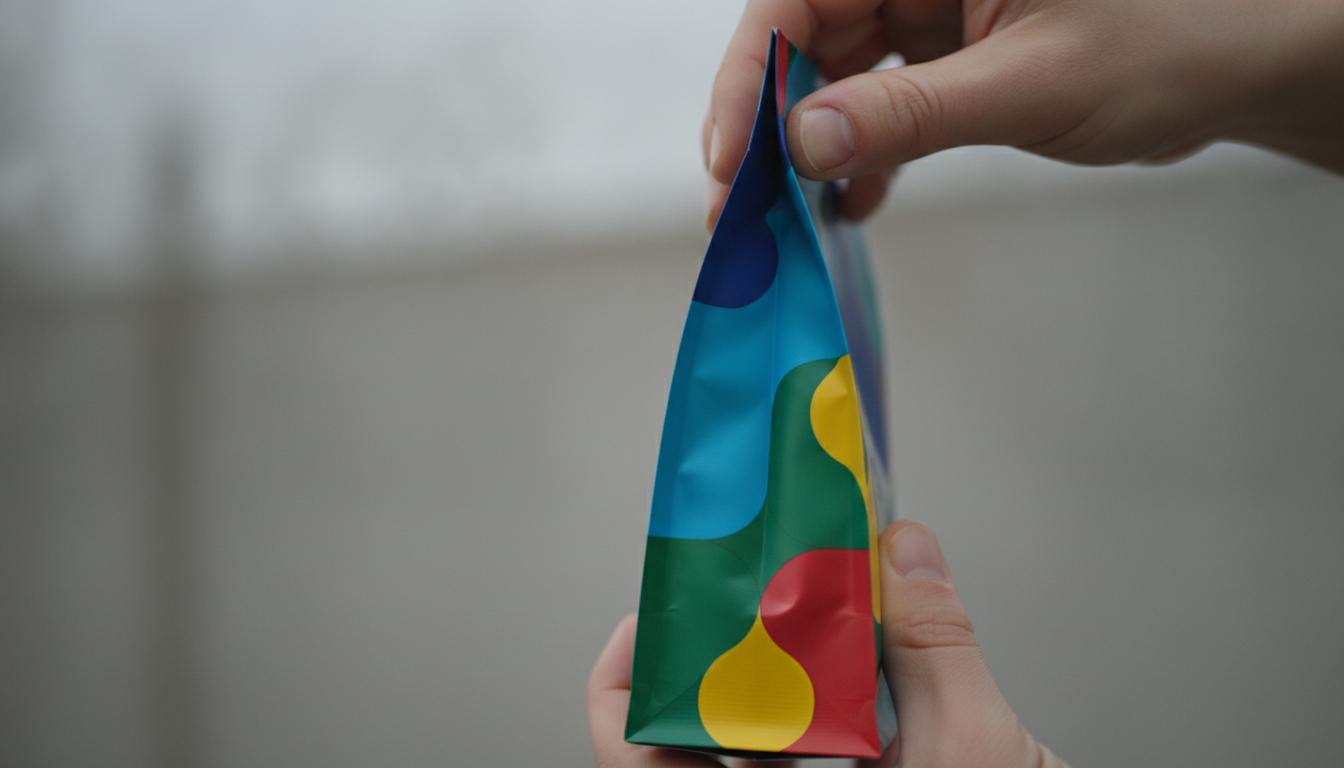 Como Prevenir Dano Transporte de Embalagens Plásticas Flexíveis 5 A close-up of a stand up pouch with a vibrant design, set against a neutral background