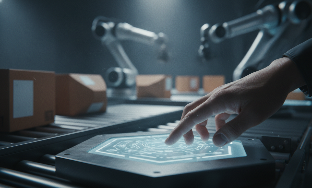 Como Prevenir Dano Transporte de Embalagens Plásticas Flexíveis 6 A futuristic warehouse with automated sorting systems, robots moving packages, and digital screens
