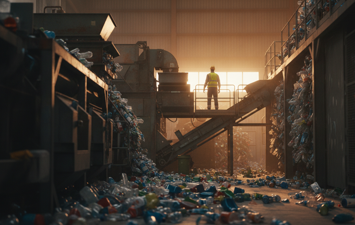 Reciclagem Avançada Embalagens: Transformação Sustentável 3 reciclagem avançada embalagens — A recycling facility with modern machinery processing plastic waste, bright lighting, high-resolution image style