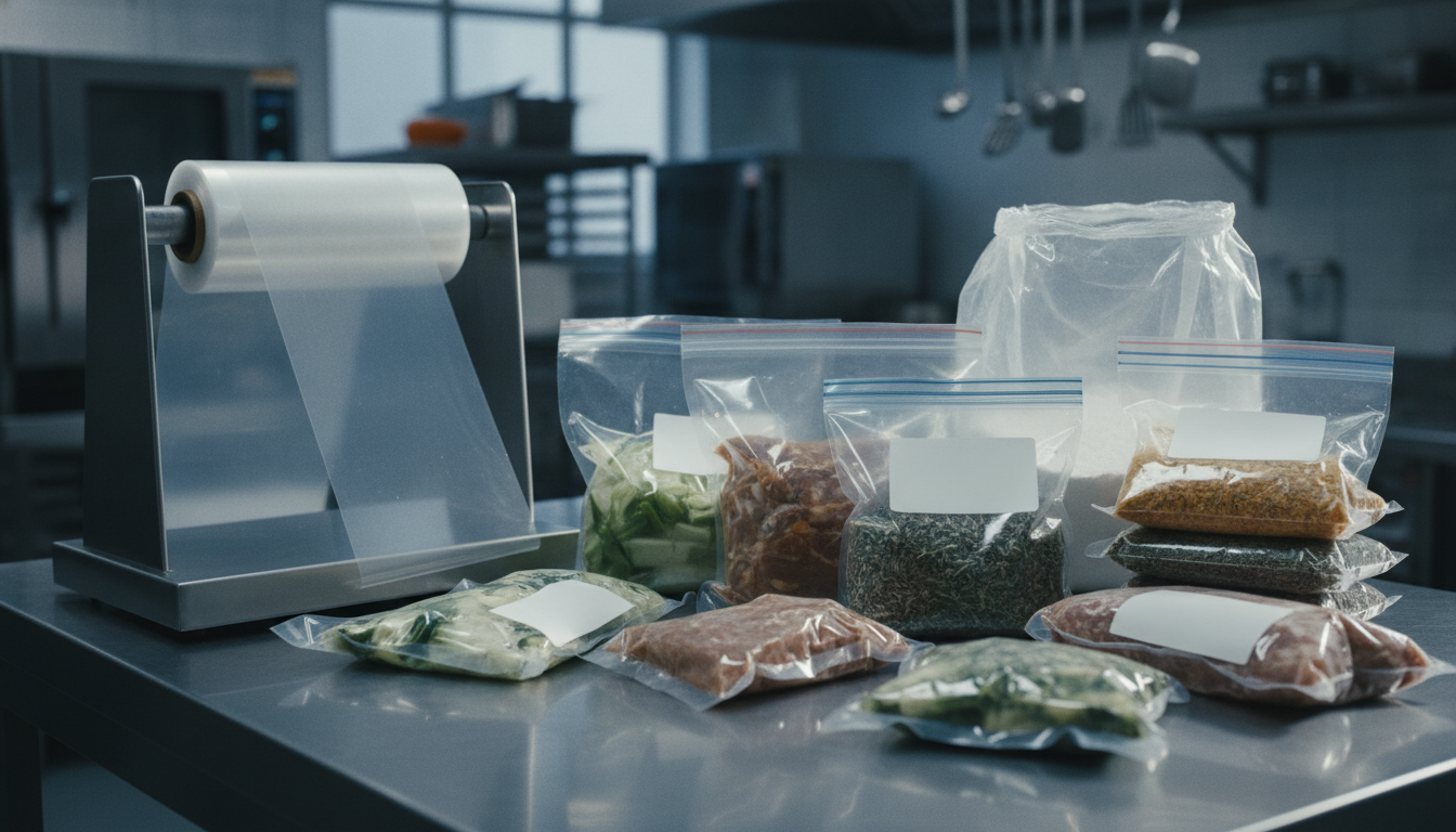 Como Escolher a Embalagem Alimentos Ideal 3 embalagem alimentos — A professional kitchen with chefs using various types of flexible plastic packaging, bright lighting, high-quality photography style