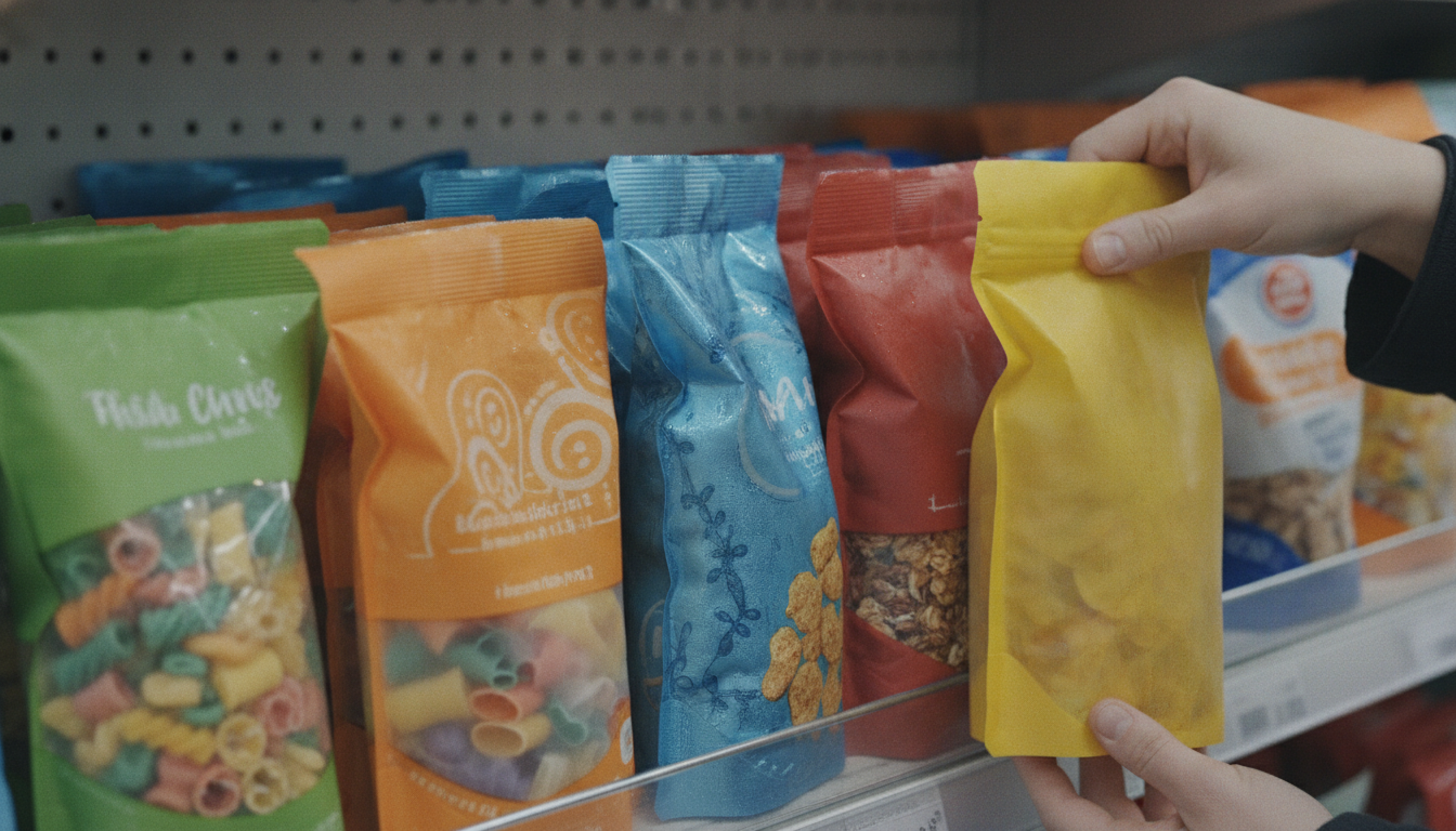 Como Escolher a Embalagem Alimentos Ideal 4 A retail shelf with a variety of flexible plastic packaging for foods, bright colors, high-quality photography style