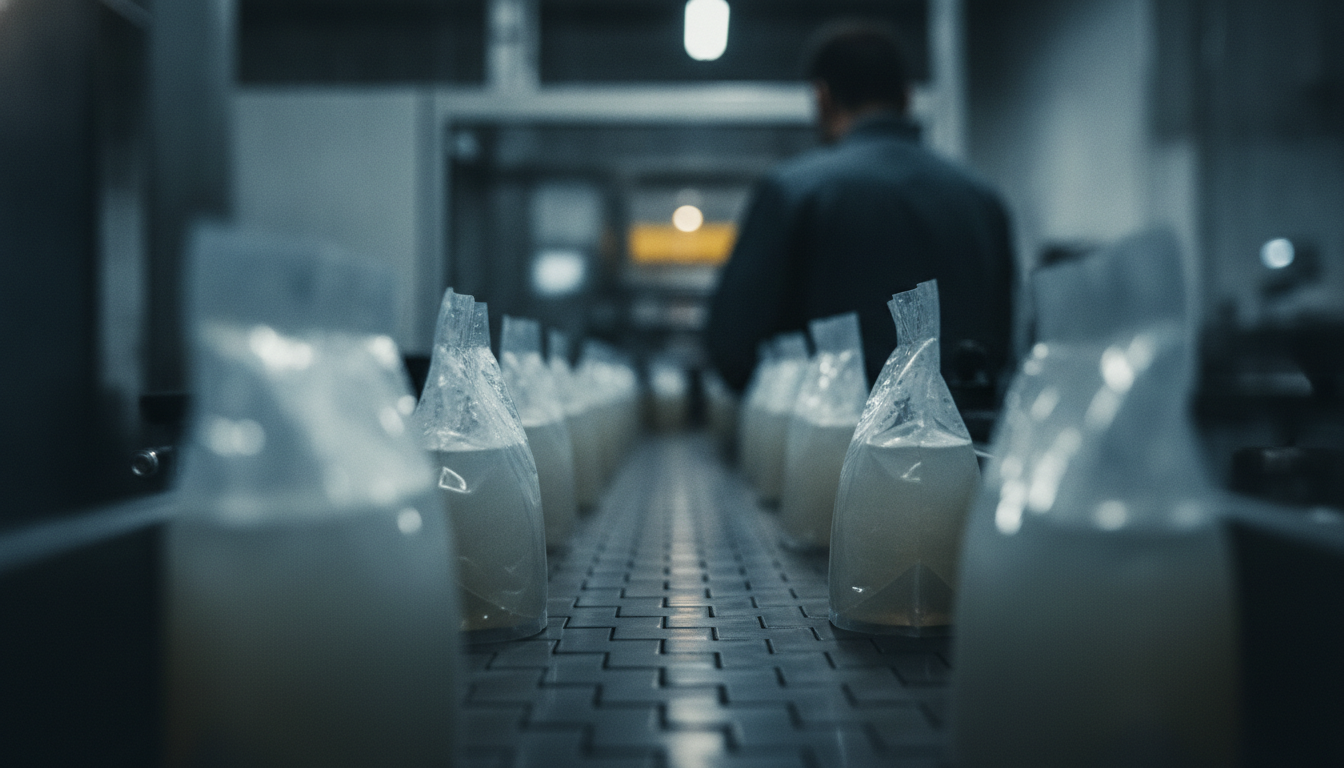 Embalagens Preservação Produtos: Como Evitar a Degradação 2 embalagens preservação produtos — A modern packaging facility with flexible plastic pouches on a conveyor belt, well-lit and clean environment, professional photography style