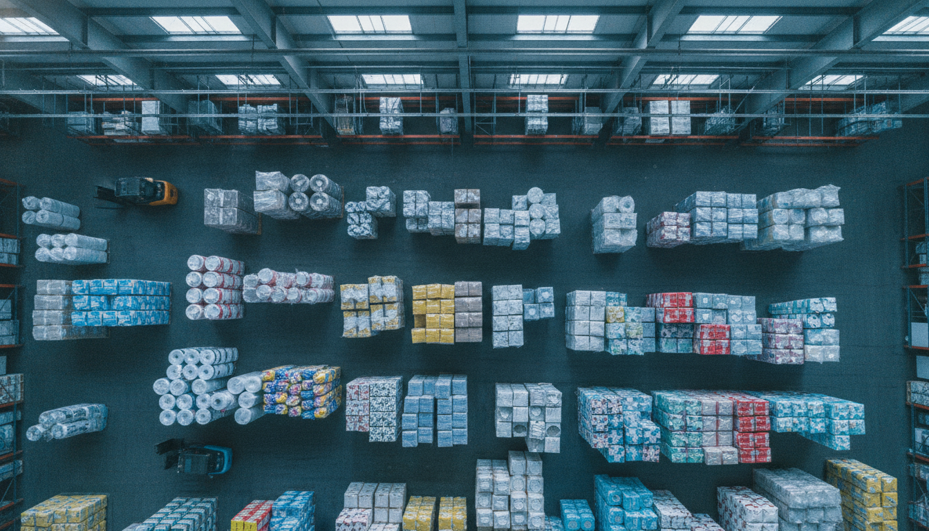 Como Cooperação Abastecimento Embalagens Melhora Embalagens Plásticas 3 cooperação abastecimento embalagens — A bustling warehouse with stacks of flexible plastic packaging, workers coordinating logistics, bright industrial lighting