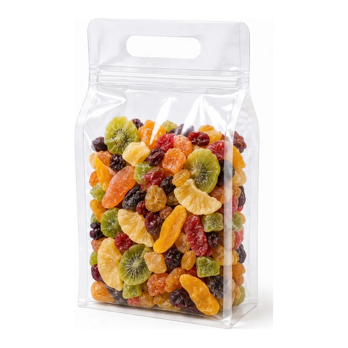 Saco box pouch transparente com alça vazada e fecho zip, com frutas secas
