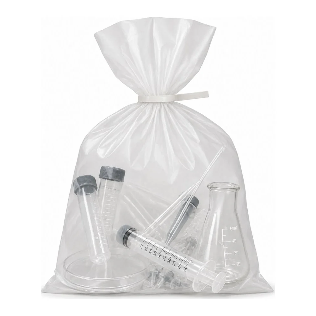 Saco para autoclave transparente com materiais de laboratório para esterilização