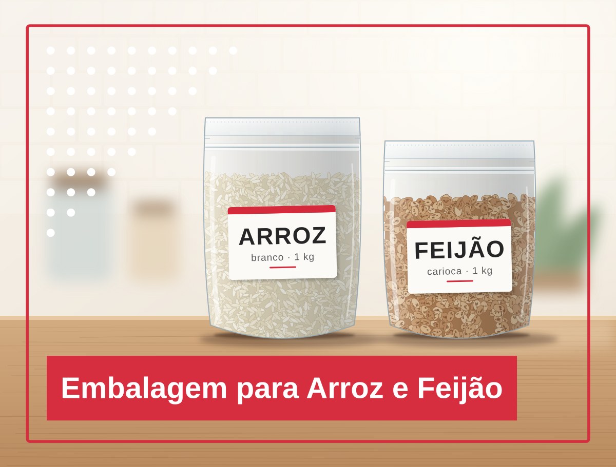 Dois sacos stand up pouch transparentes com arroz e feijão sobre uma bancada de cozinha